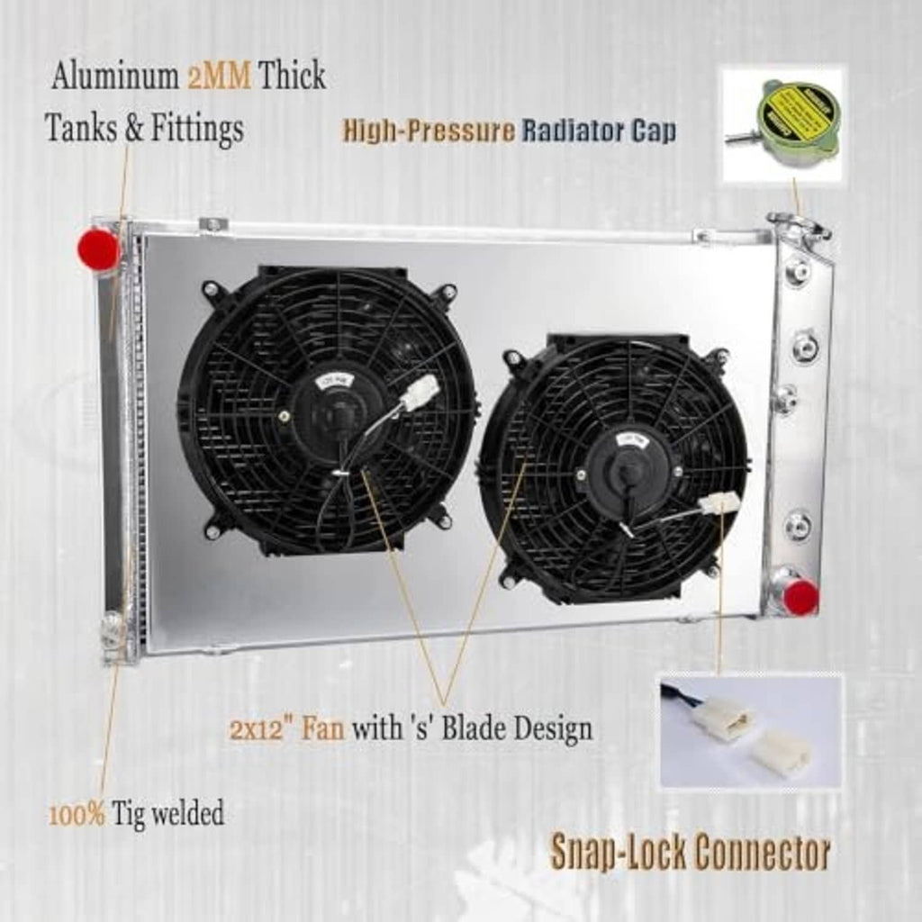 Aluminum radiator with two 2MM thick tanks, twin electric fans, and snap-lock connector