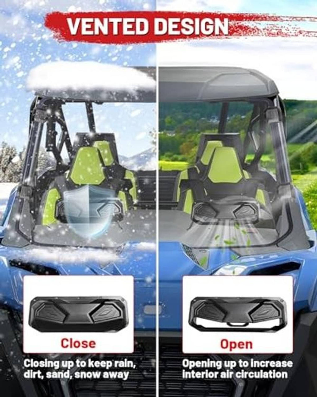 UTV vented windshield with open and closed airflow positions on the tinted panel
