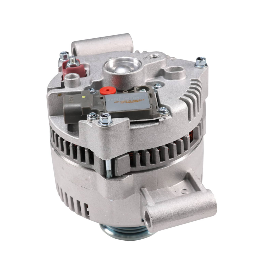 Silver alternator with pulley opening and top control module, angled side view