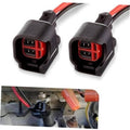Pair of car injector connector plugs with black housings and red dual ports, with red wires