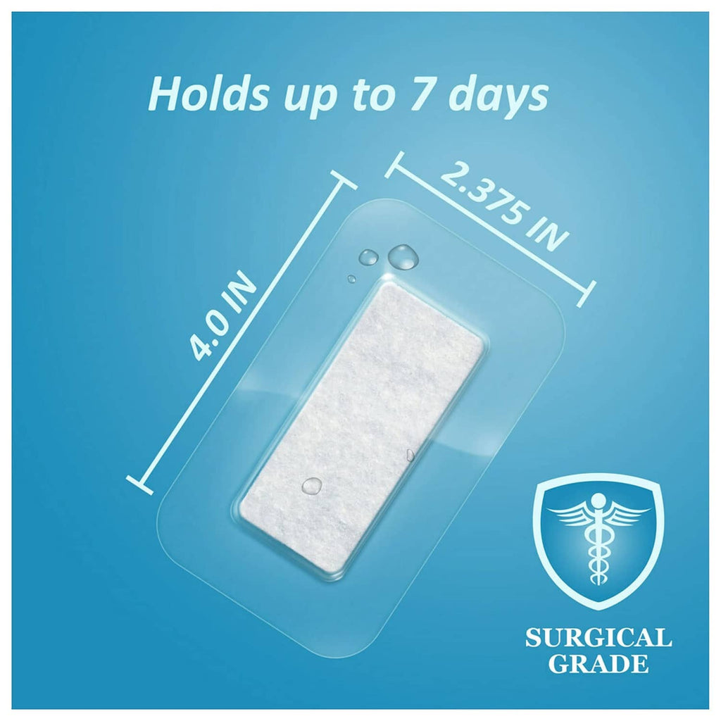 Transparent dressing pad sized 2.375 in x 4 in, holds up to 7 days