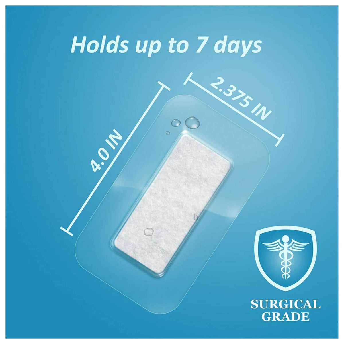 Transparent dressing pad sized 2.375 in x 4 in, holds up to 7 days