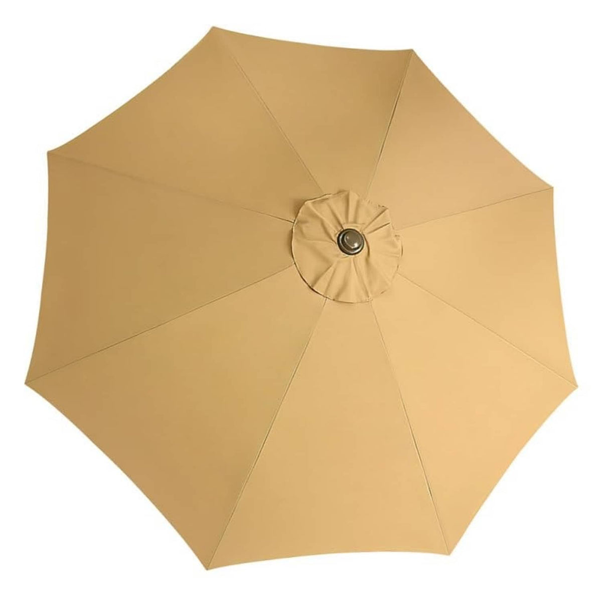 Beige umbrella canopy top with round center vent and metal button, paneled spokes