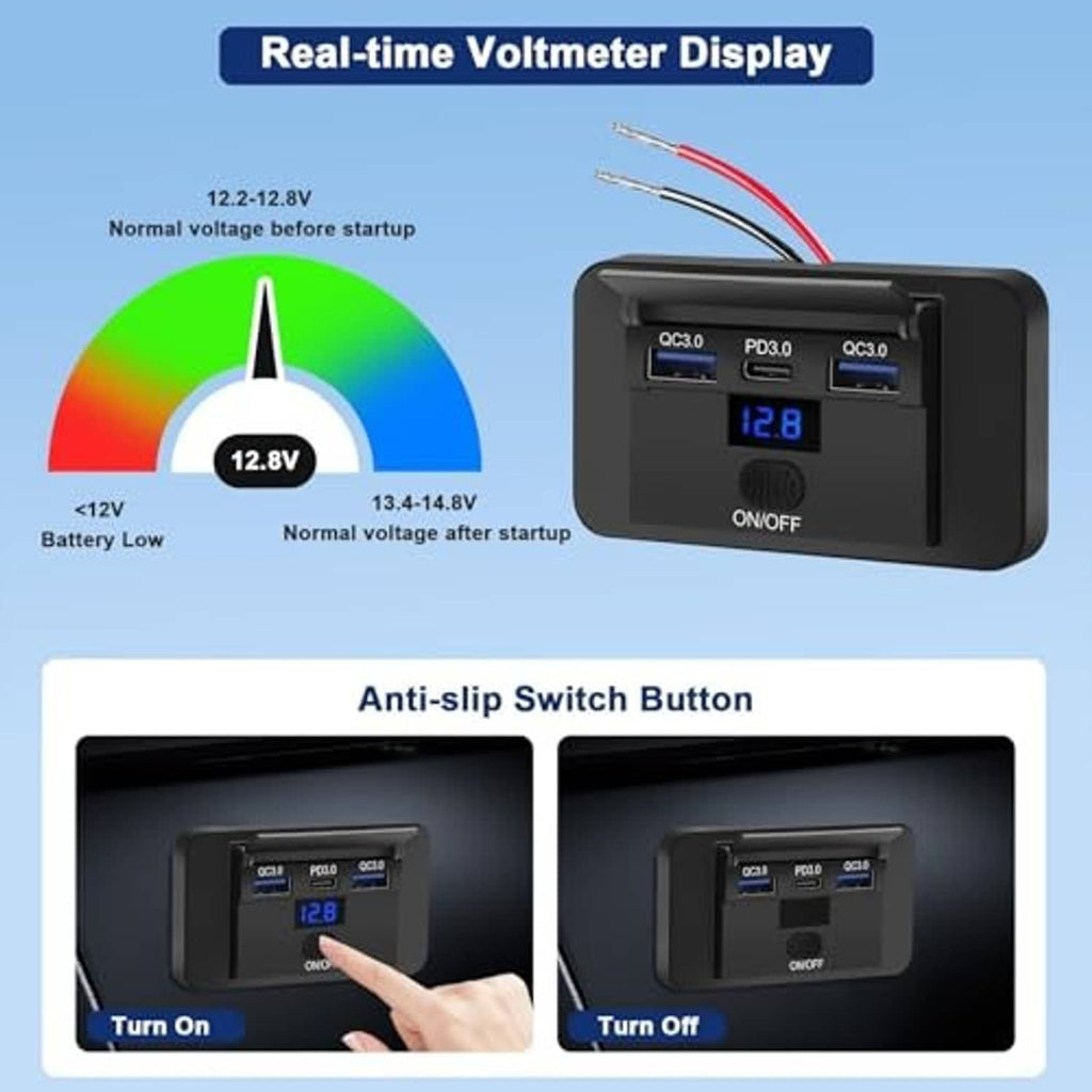 Black 3-port 12V USB outlet panel with digital voltmeter display and switch button