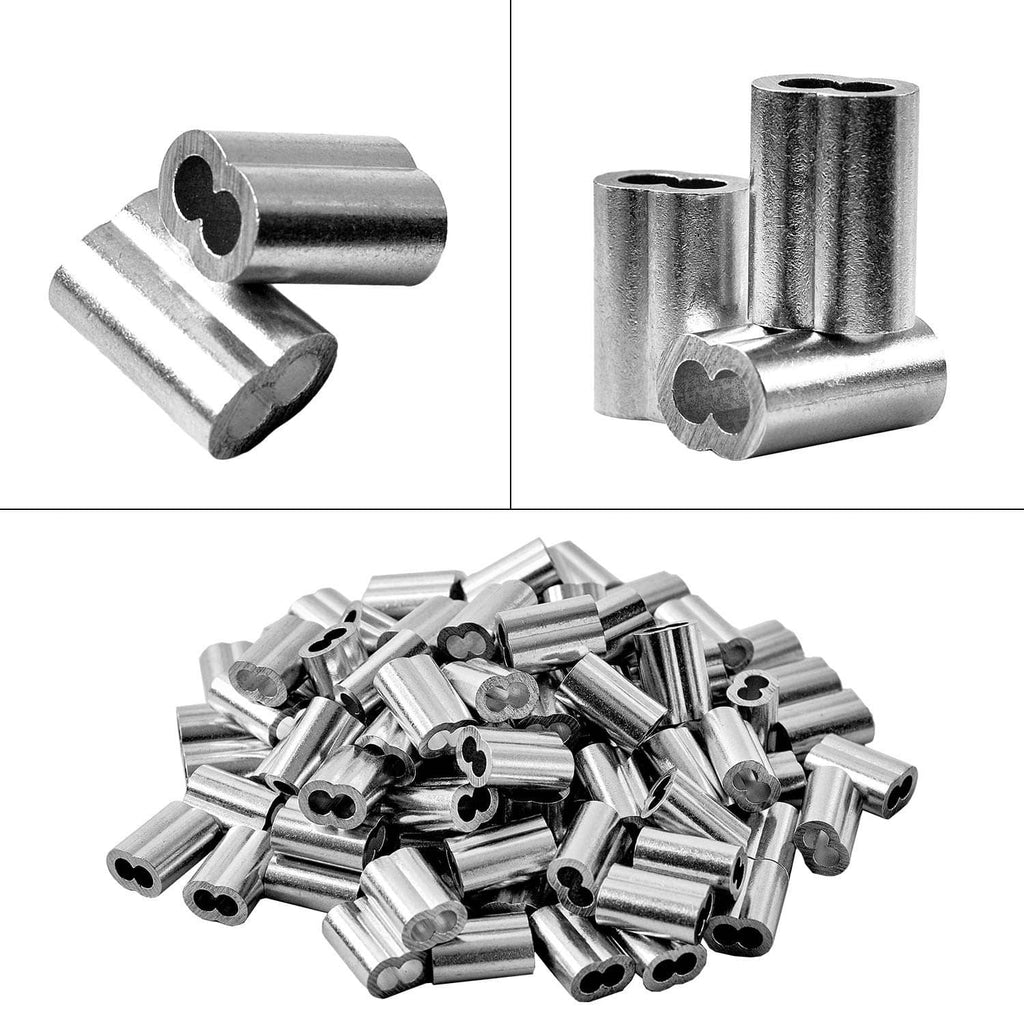 Aluminum crimping loop sleeve ferrules with oval opening, end and side views