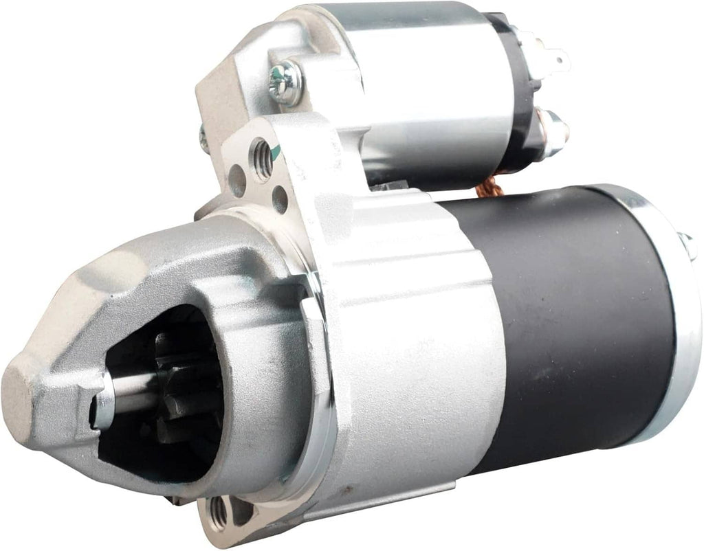 Starter motor with silver front flange and black motor housing, exposed electrical posts