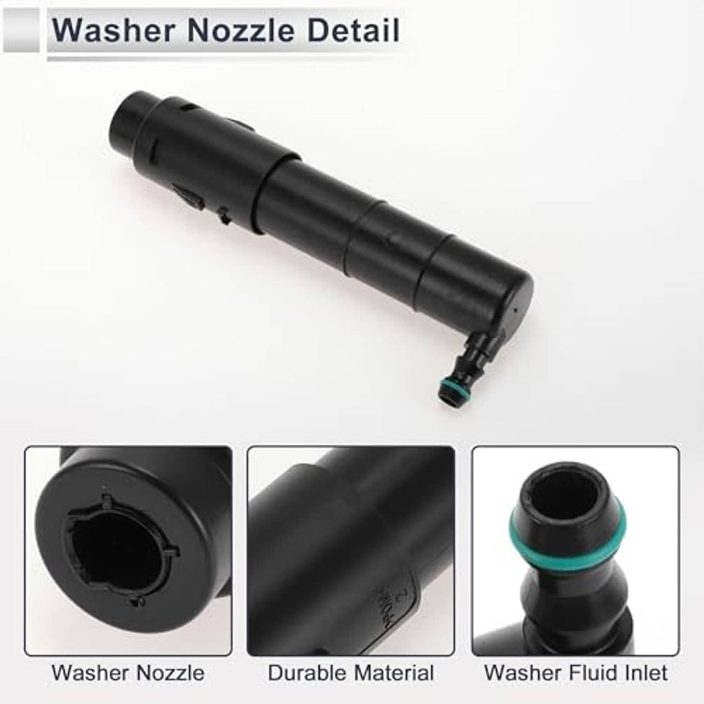 Headlight washer nozzle with close-up views of black housing and green inlet