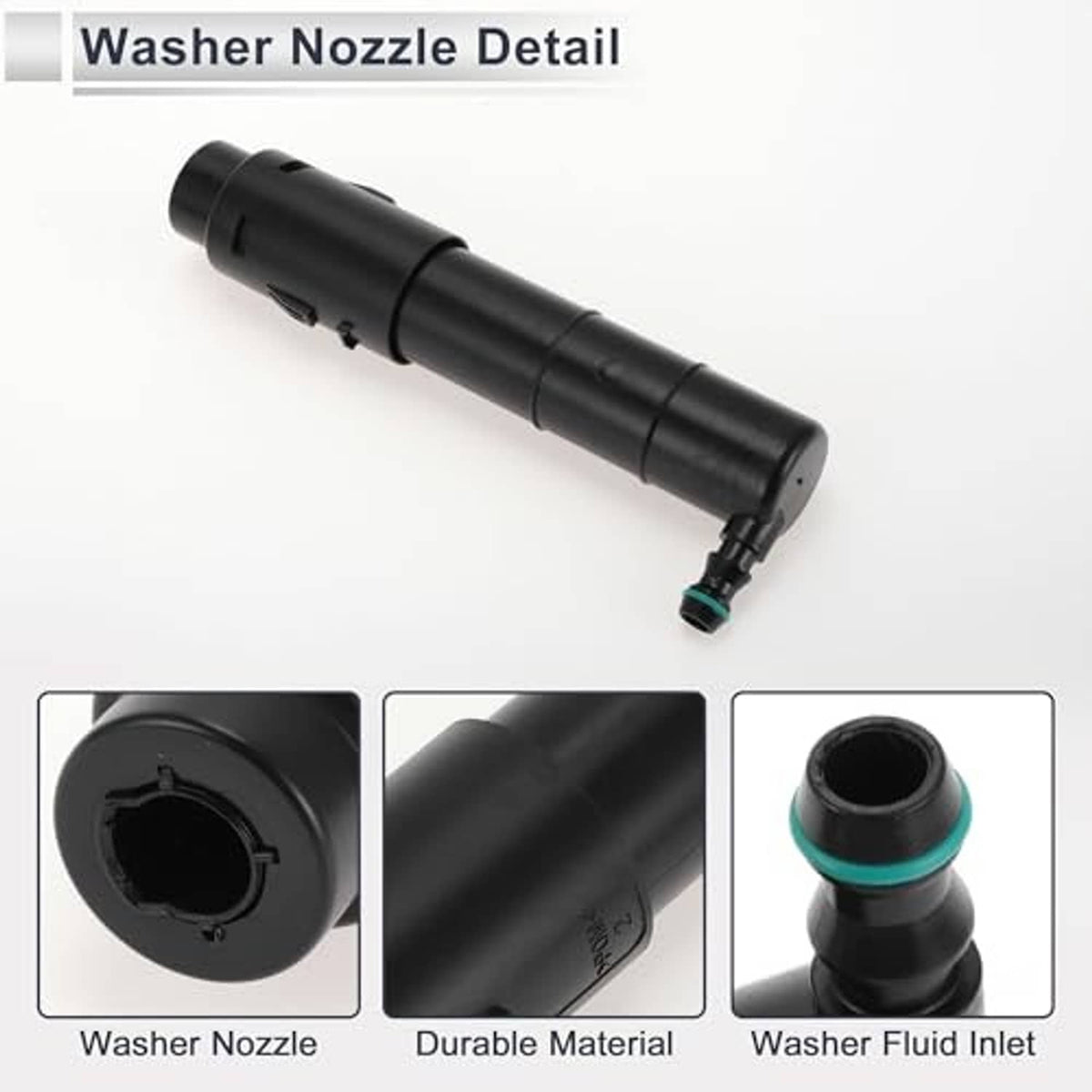 Headlight washer nozzle with close-up views of black housing and green inlet