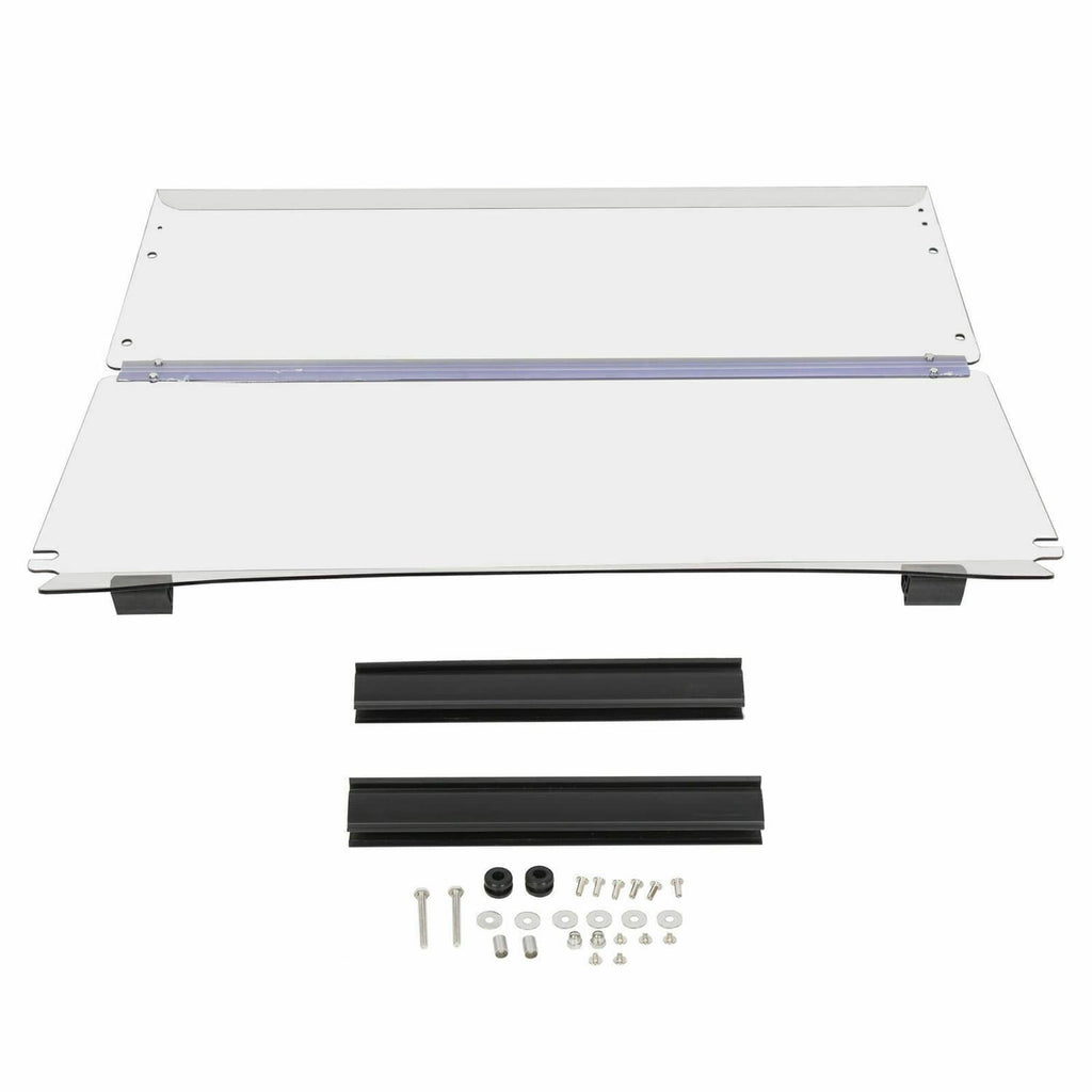 Clear folding windshield kit with mounting hardware and black trim parts.
