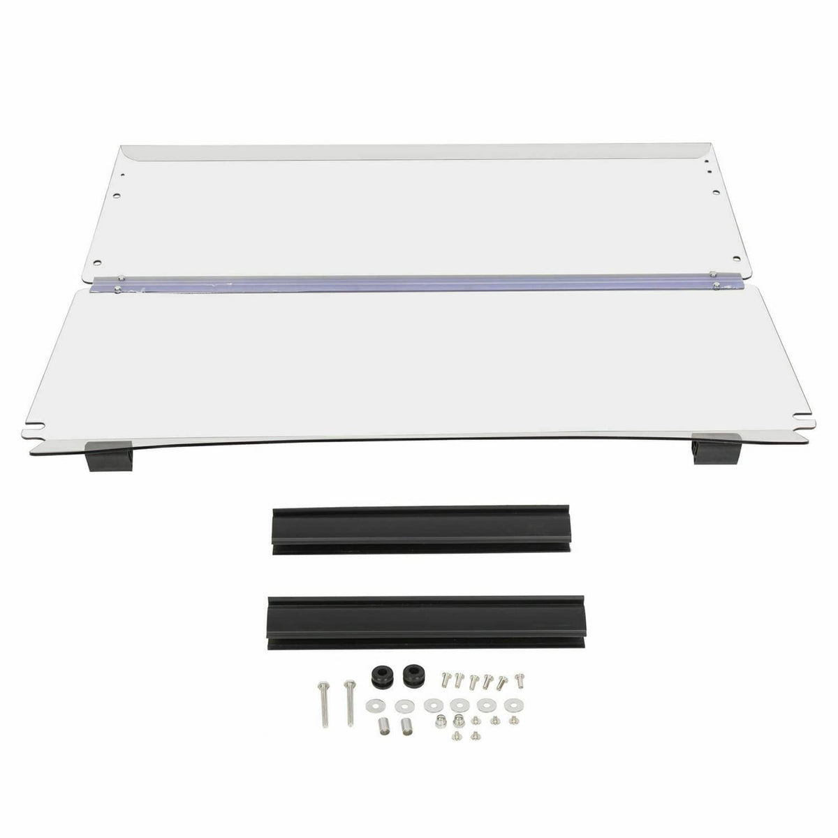 Clear folding windshield kit with mounting hardware and black trim parts.