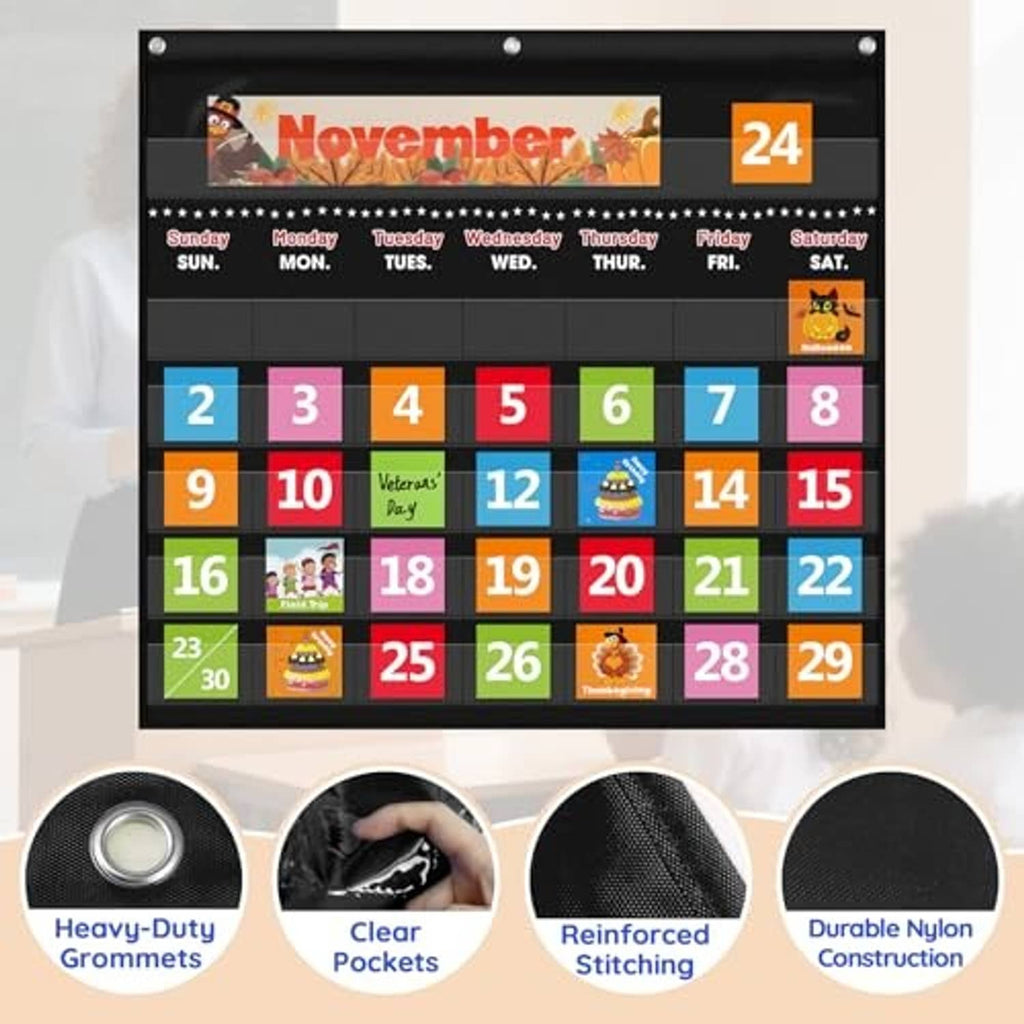 Black pocket chart with clear pockets, heavy-duty grommets and reinforced stitching details