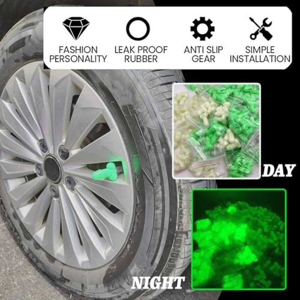 Green glow valve stem caps on a wheel at day and night