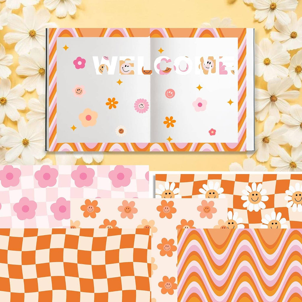 Scrapbook paper sheet with small flowers, smiley icons, and colorful border strips