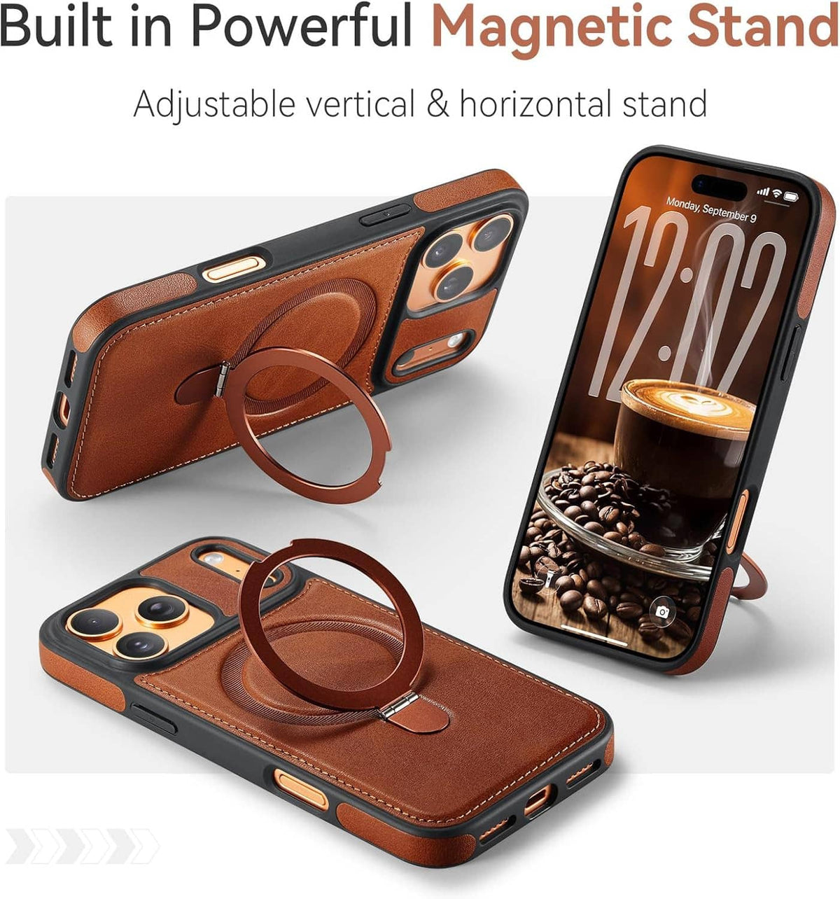 Brown PU leather-look iPhone 17 Pro case with adjustable vertical and horizontal ring stand