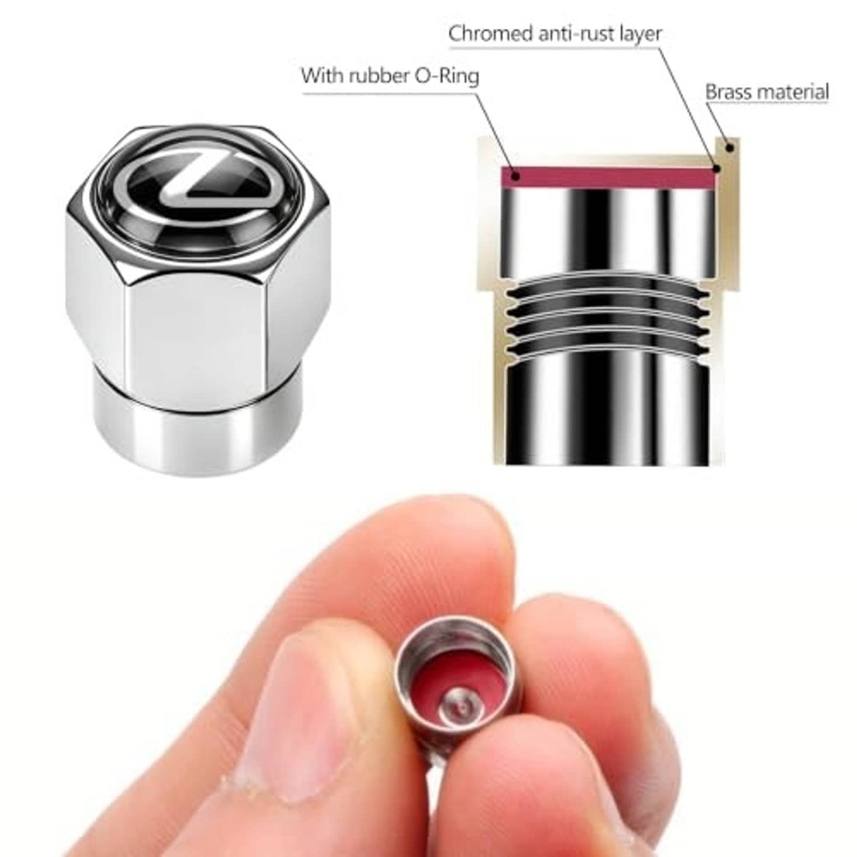 Chrome valve stem cap with black emblem and visible rubber O-ring cross-section