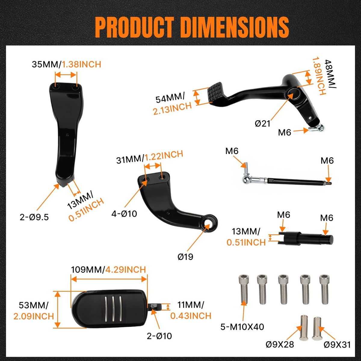 Mid forward footpeg lever product dimensions diagram with measurements