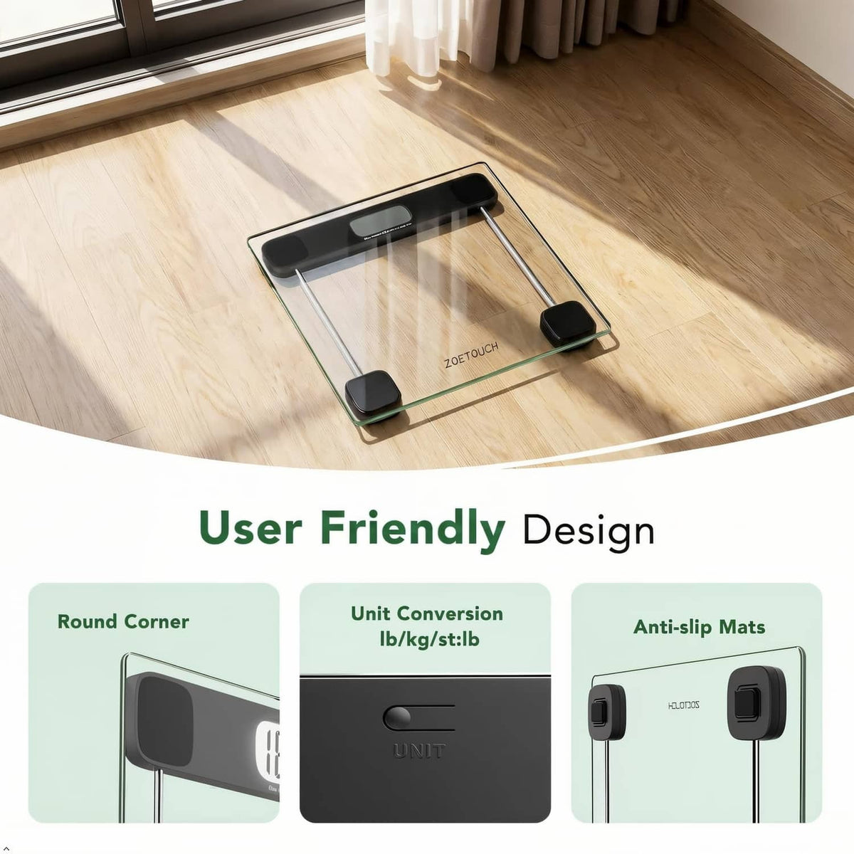 Tempered glass bathroom scale on floor with LCD screen and anti-slip platform pads