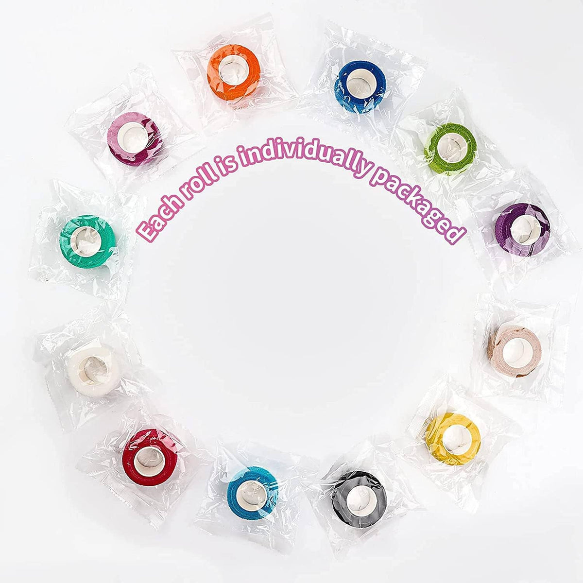Individually packed self-adhesive elastic bandage wrap rolls in assorted colors