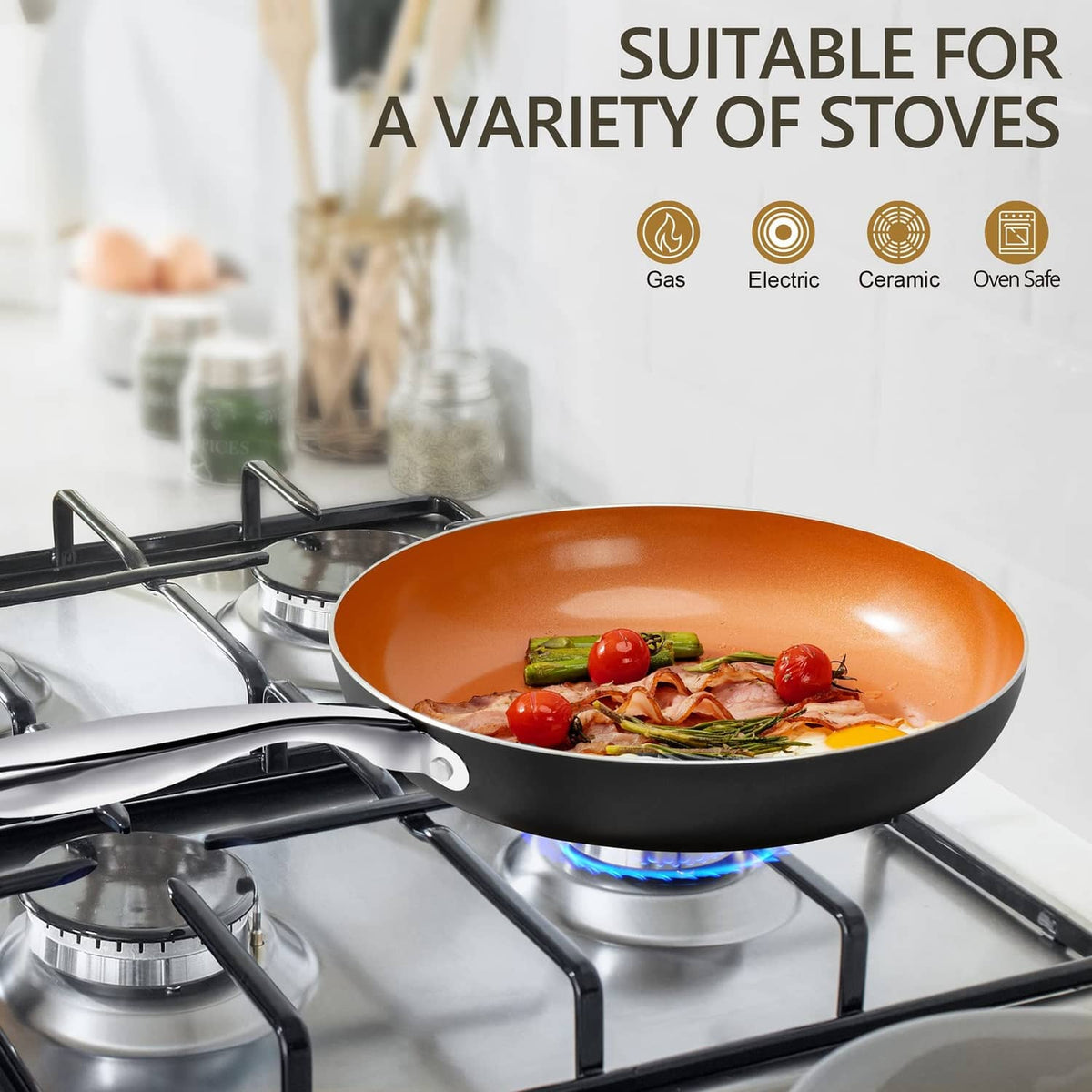 Nonstick orange frying pan on a gas stovetop with food, stainless handle and rim