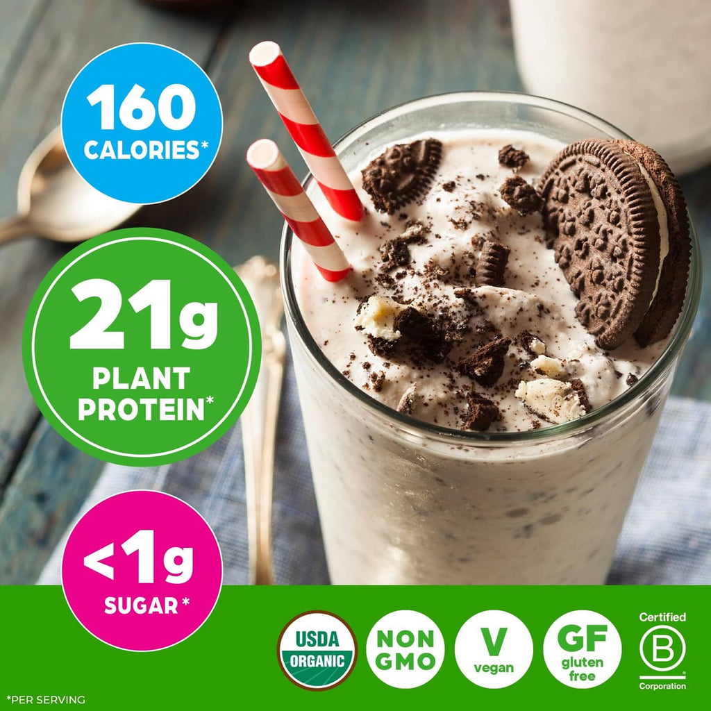 Protein shake in glass with cookies, nutrition icons on the side