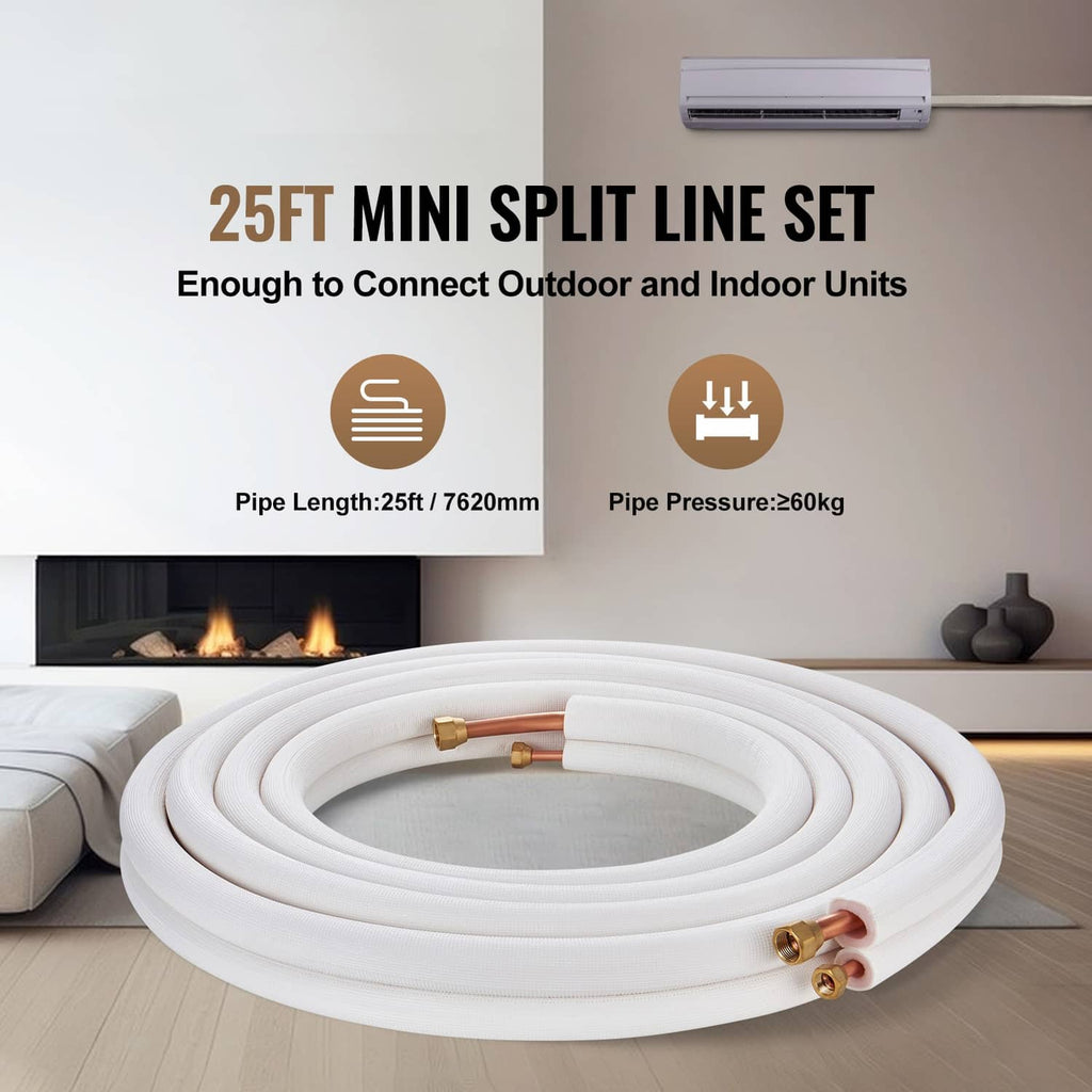 Coiled insulated mini split line set tubing, white with copper flare fittings