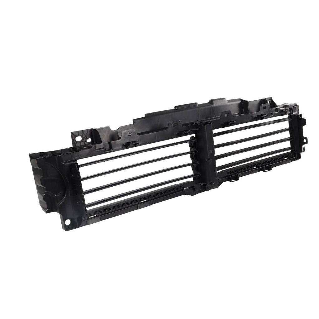Upper radiator air shutter grille with motor, three-quarter view of black slat grille