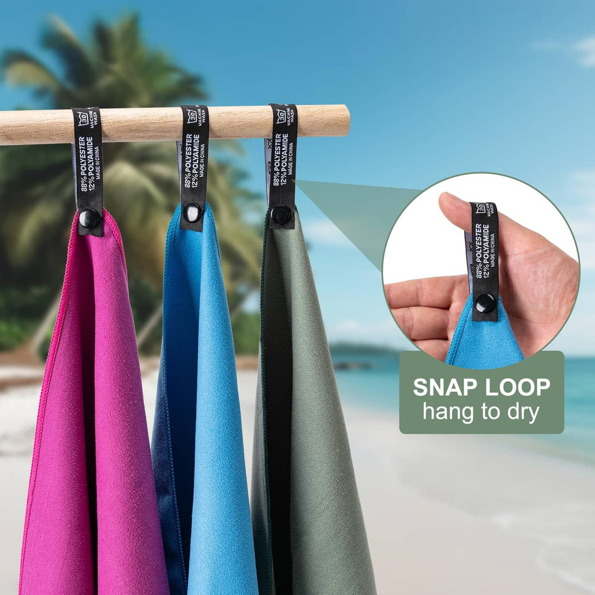 Microfiber travel towels with snap-loop hangers on a wooden bar, set of two