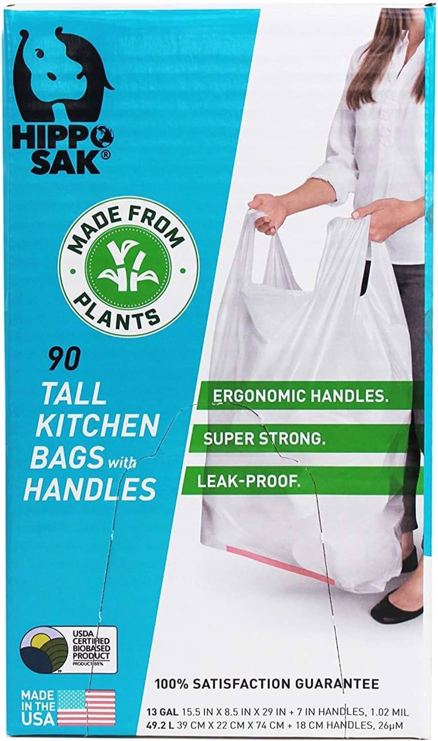 Tall kitchen garbage bag box, 13-gallon; ergonomic handle design illustrated on front.