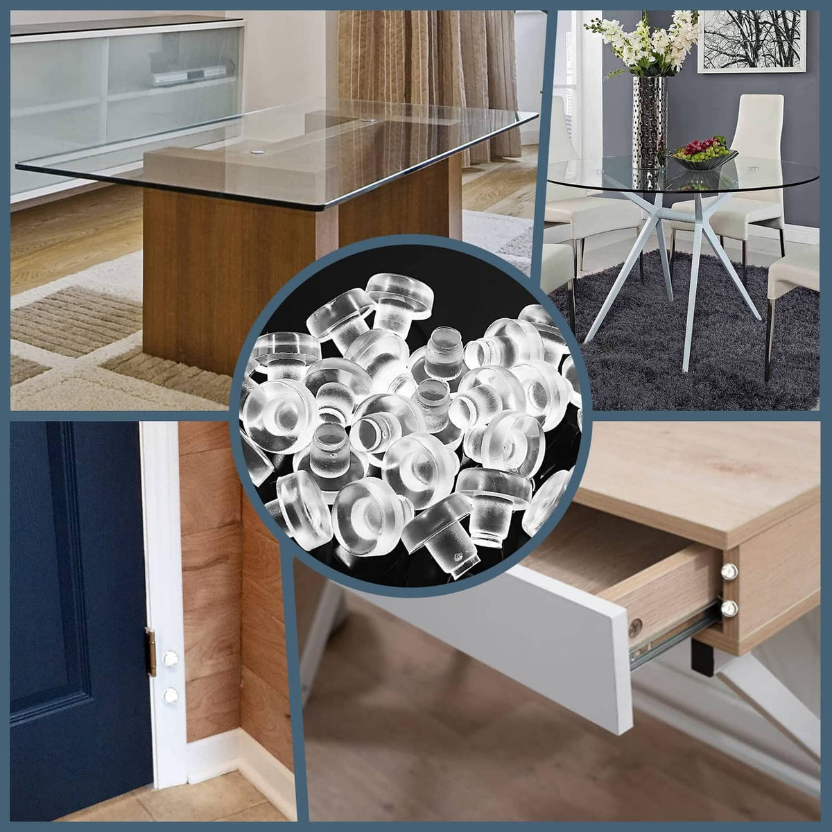 Clear table bumper stems installed on glass tabletop corners