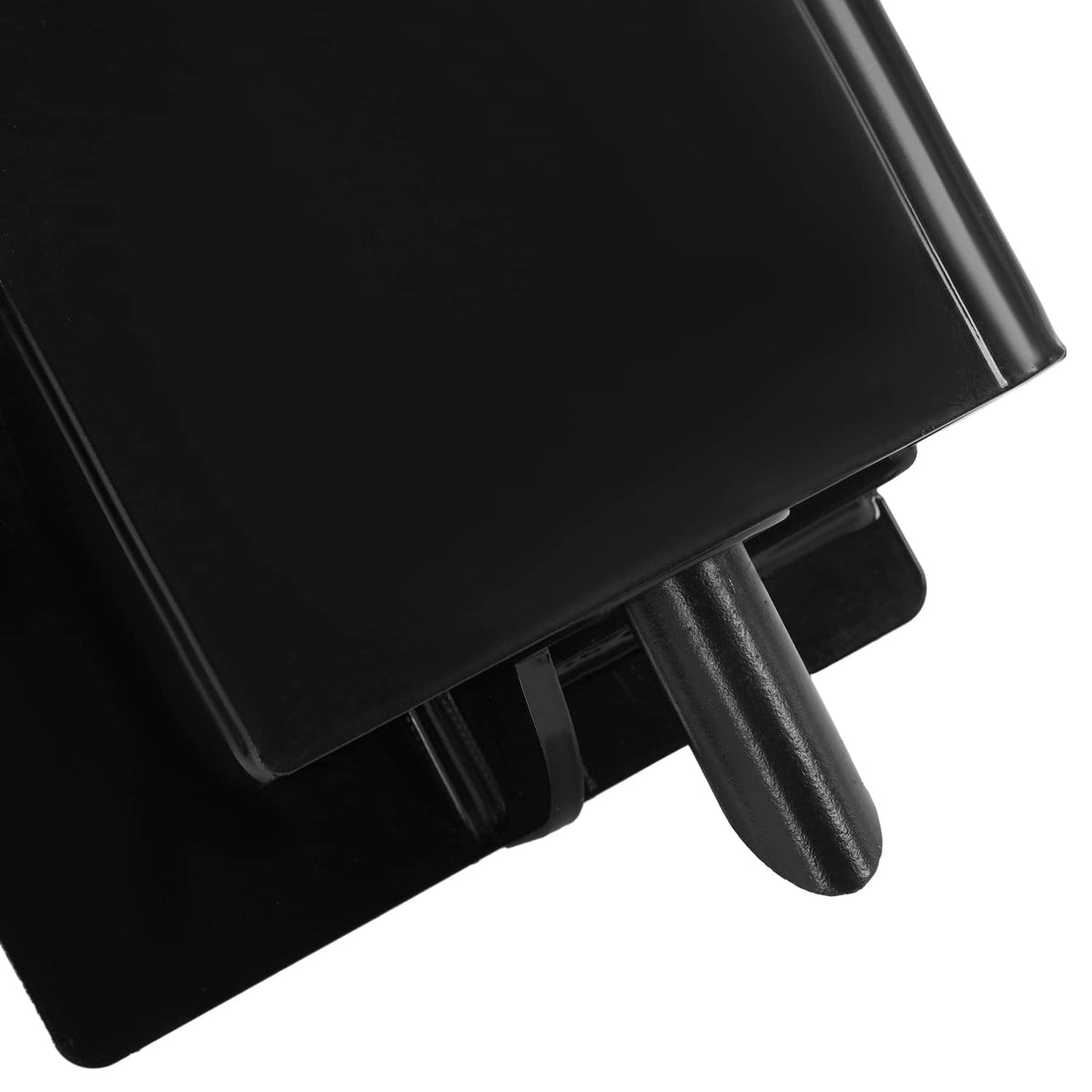 Black quick attach adapter corner with mounting pin protruding from side plate