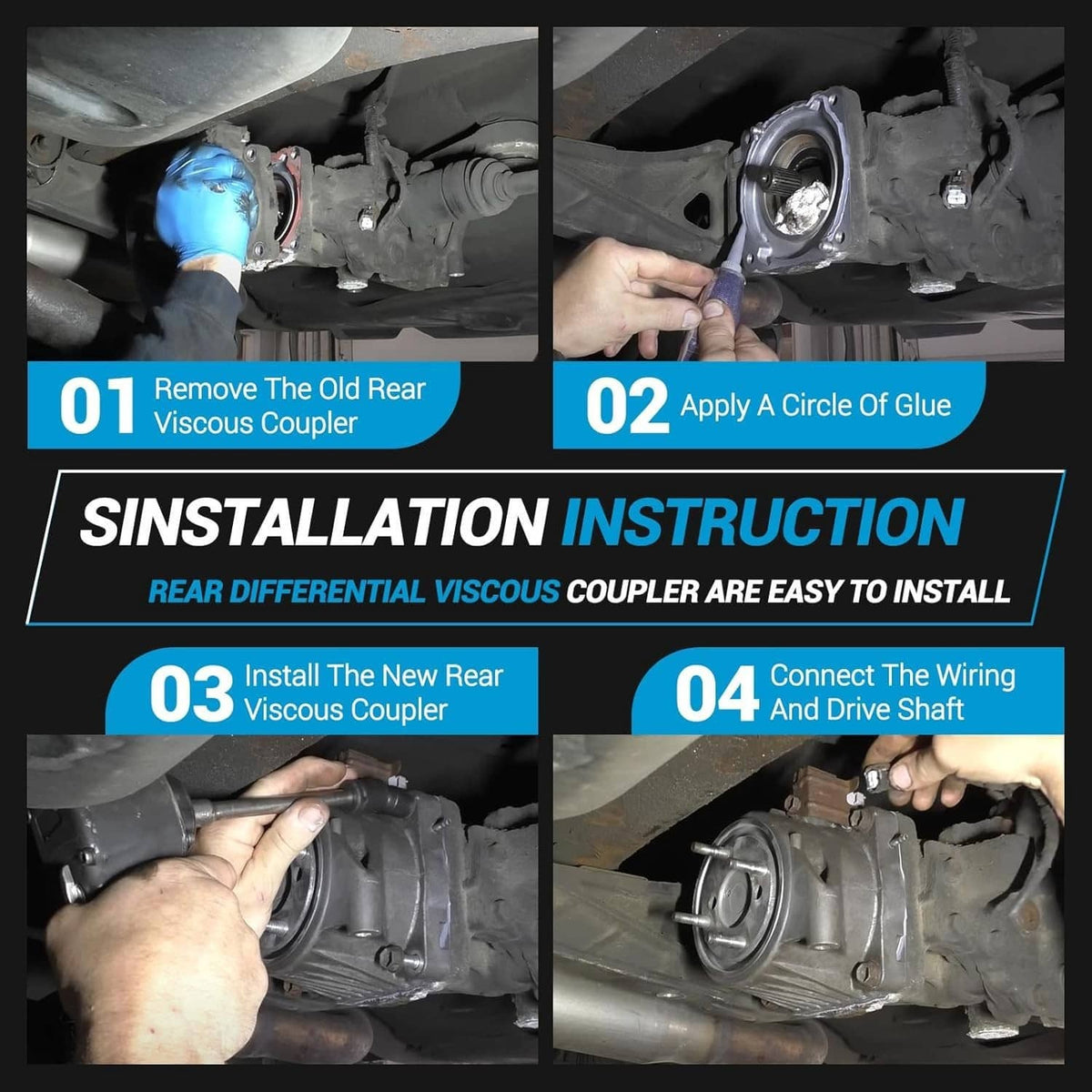 Rear differential viscous coupler installation steps with hands and vehicle underside