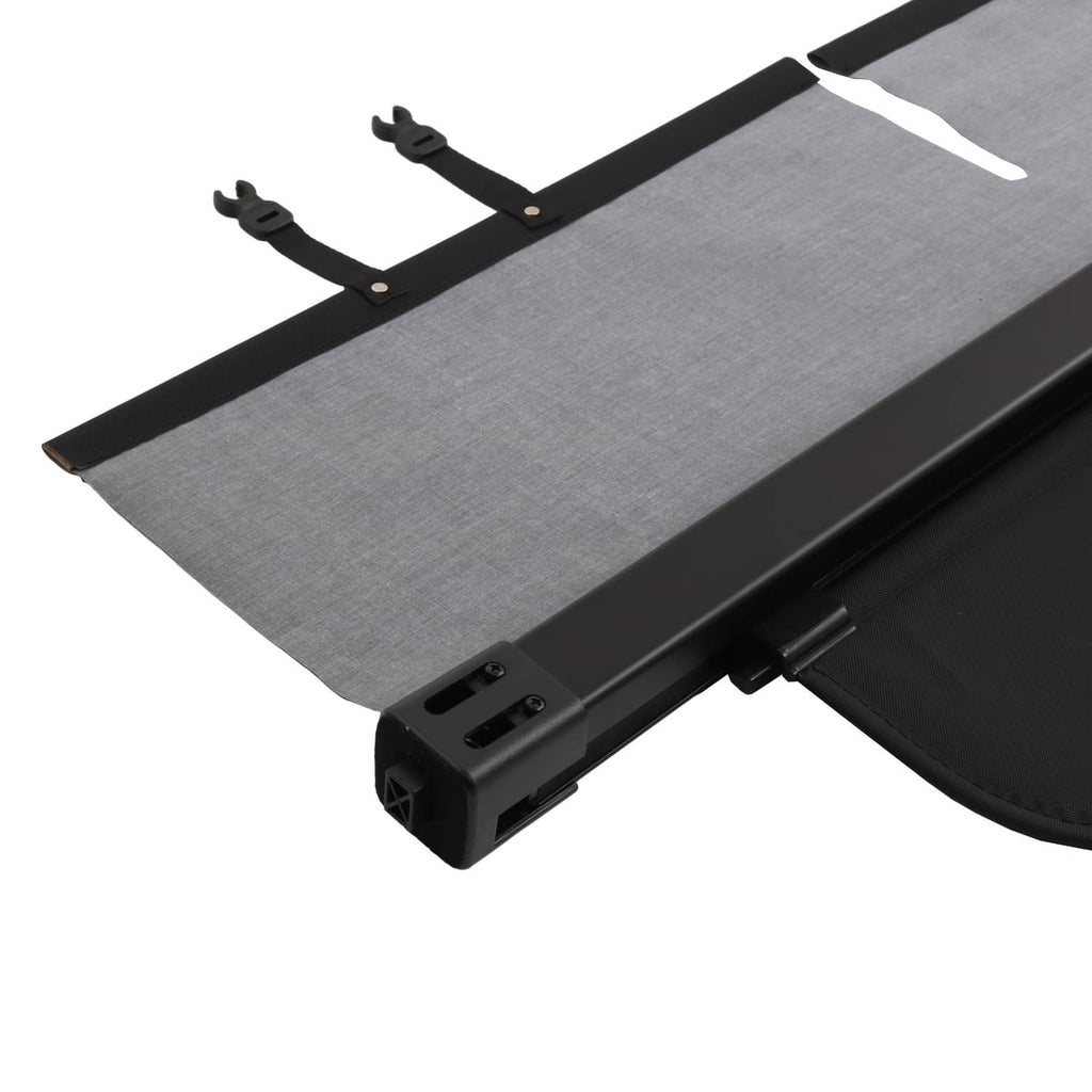 Rear trunk security shade cargo cover corner detail with black brackets and gray fabric