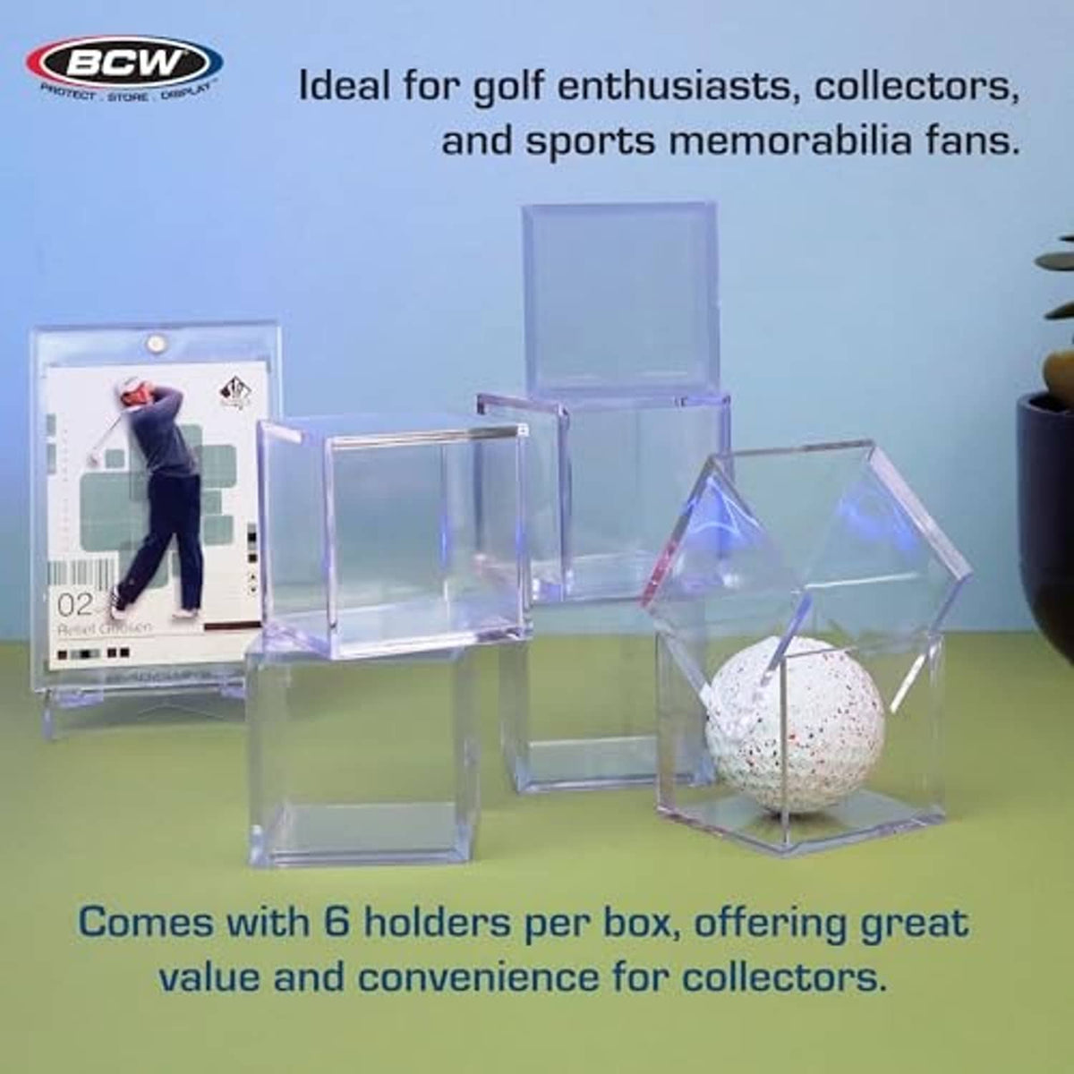 Set of clear square BCW golf ball holder cubes with one ball on display