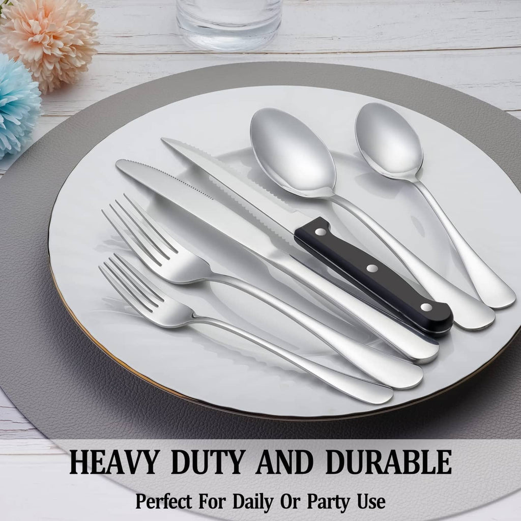 Stainless steel cutlery set featuring a black-handled steak knife, forks, and spoons