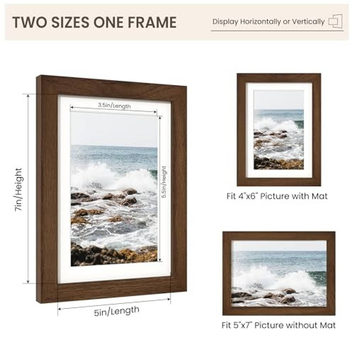 Oak wood picture frame with white mat insert, shown with a landscape photo