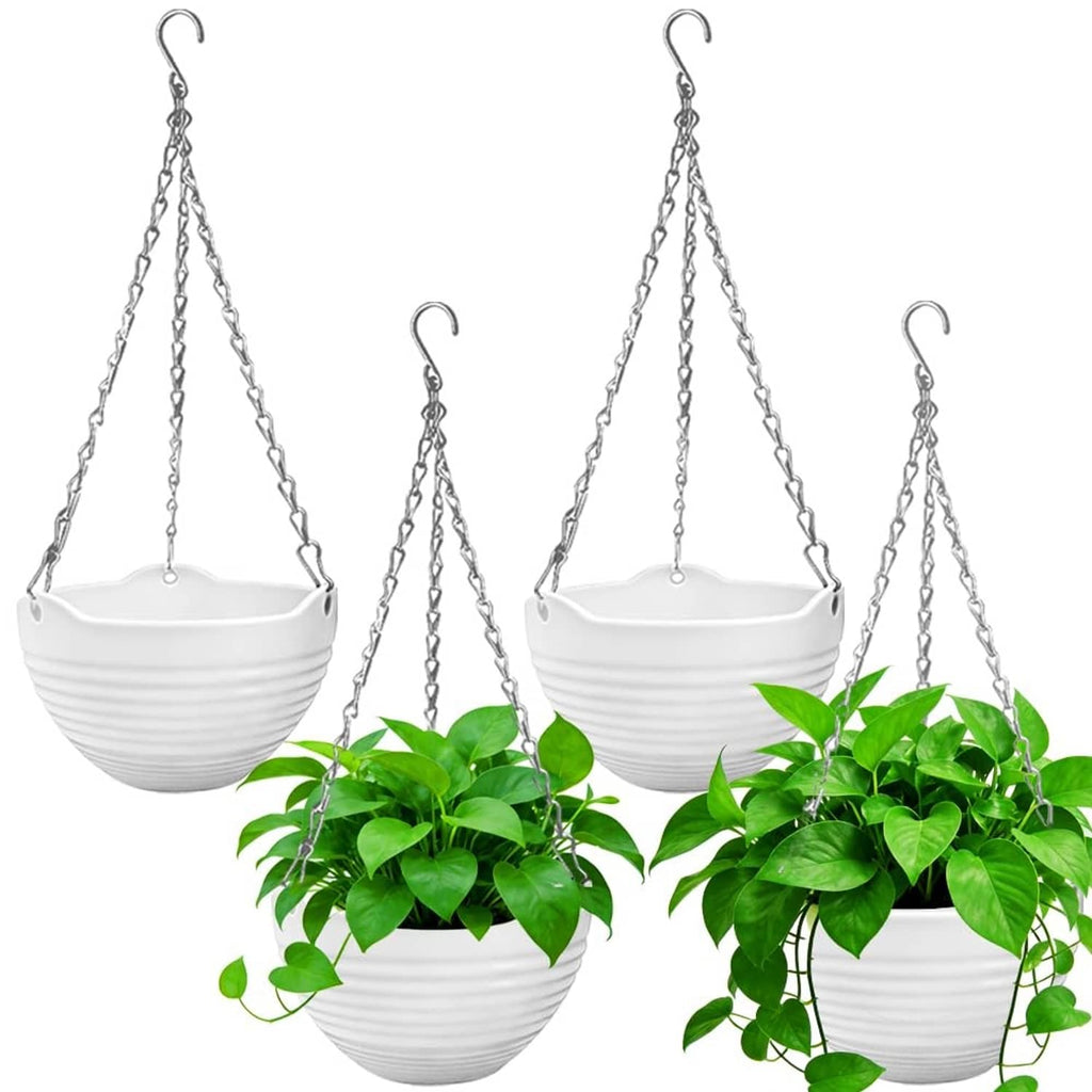 Set of three white ribbed hanging planters with metal chains and hooks