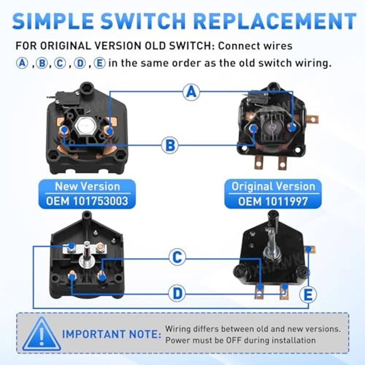 Forward/reverse switch replacement with terminal contacts and black plastic housing