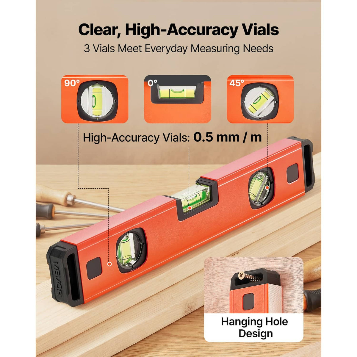 Orange torpedo level with three bubble vials in a row and black end caps