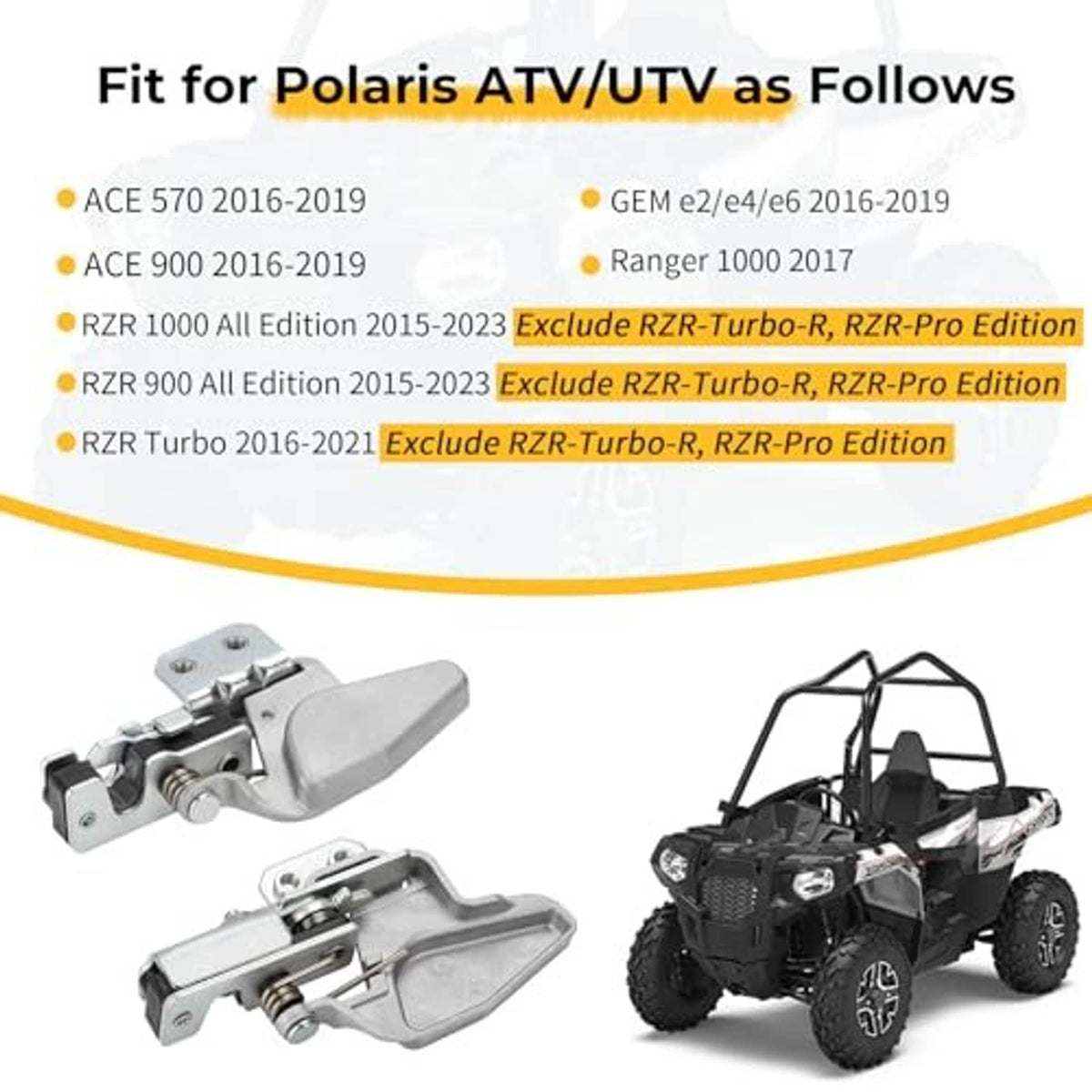 Door latch lock kit with two units, compatibility layout shown with UTV