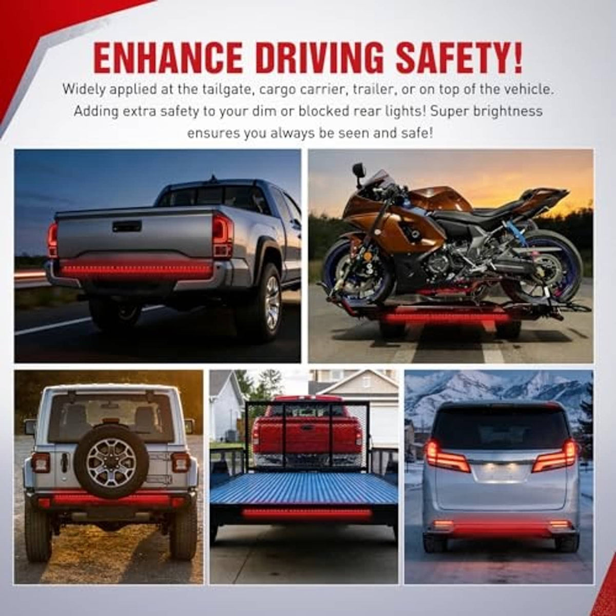 LED tailgate light strip lighting a vehicle rear, red and white glow
