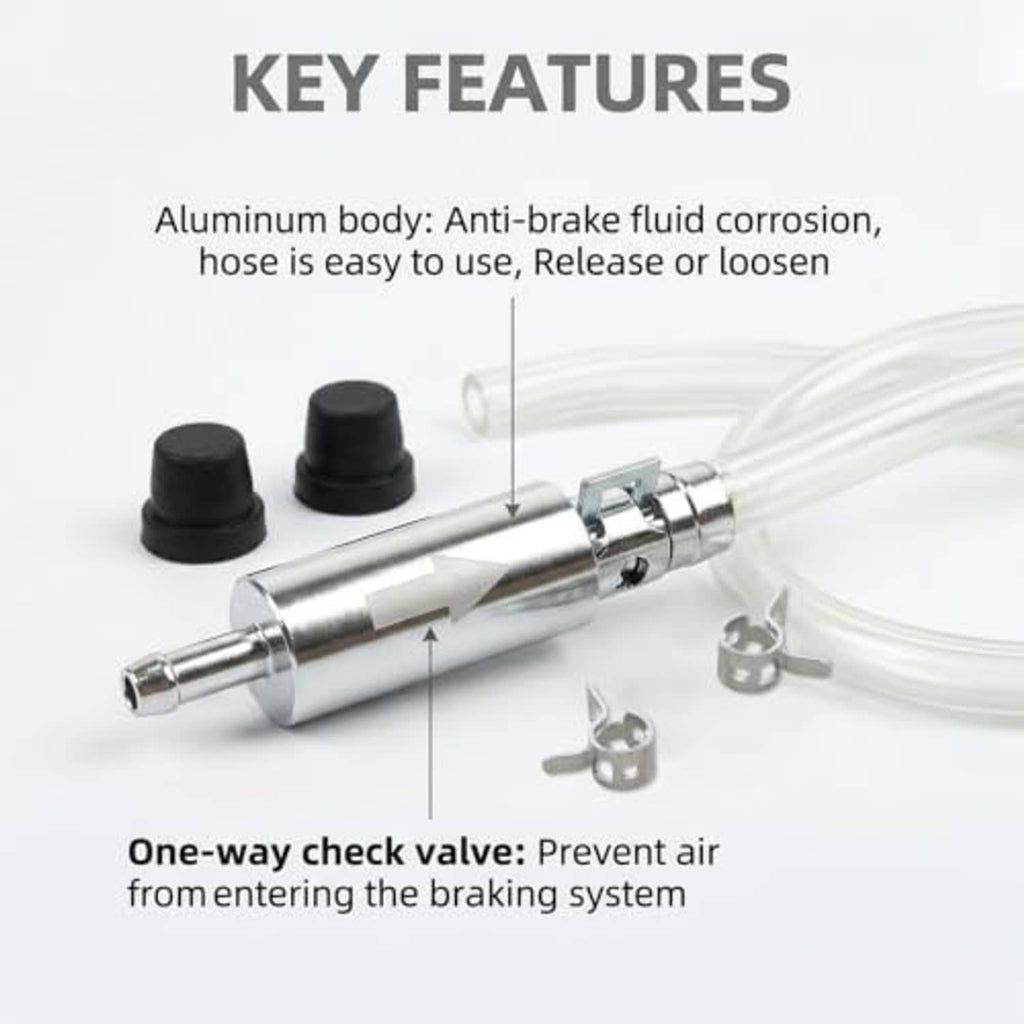 Brake bleeder kit with silver aluminum body, clear hose, and one-way check valve