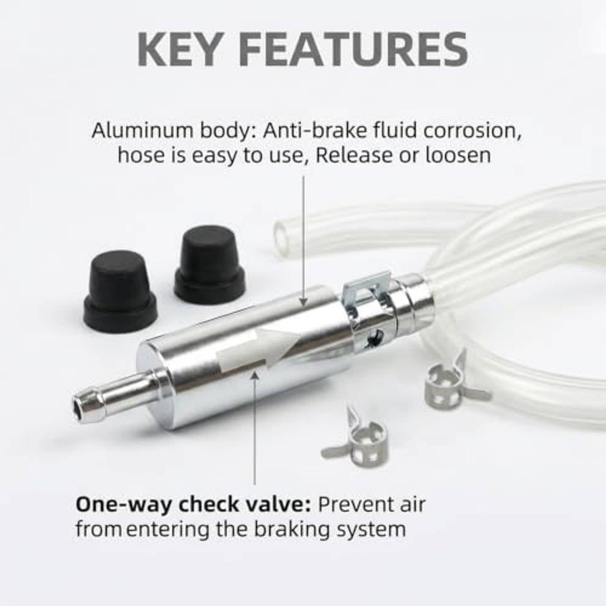 Brake bleeder kit with silver aluminum body, clear hose, and one-way check valve