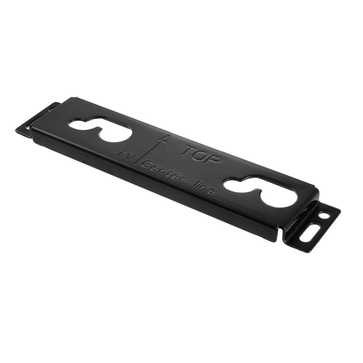 Black metal soundbar wall mount bracket with screw holes and TV slots
