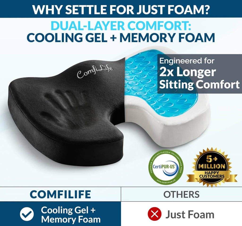 Black ergonomic seat cushion with blue cooling gel top and white foam base