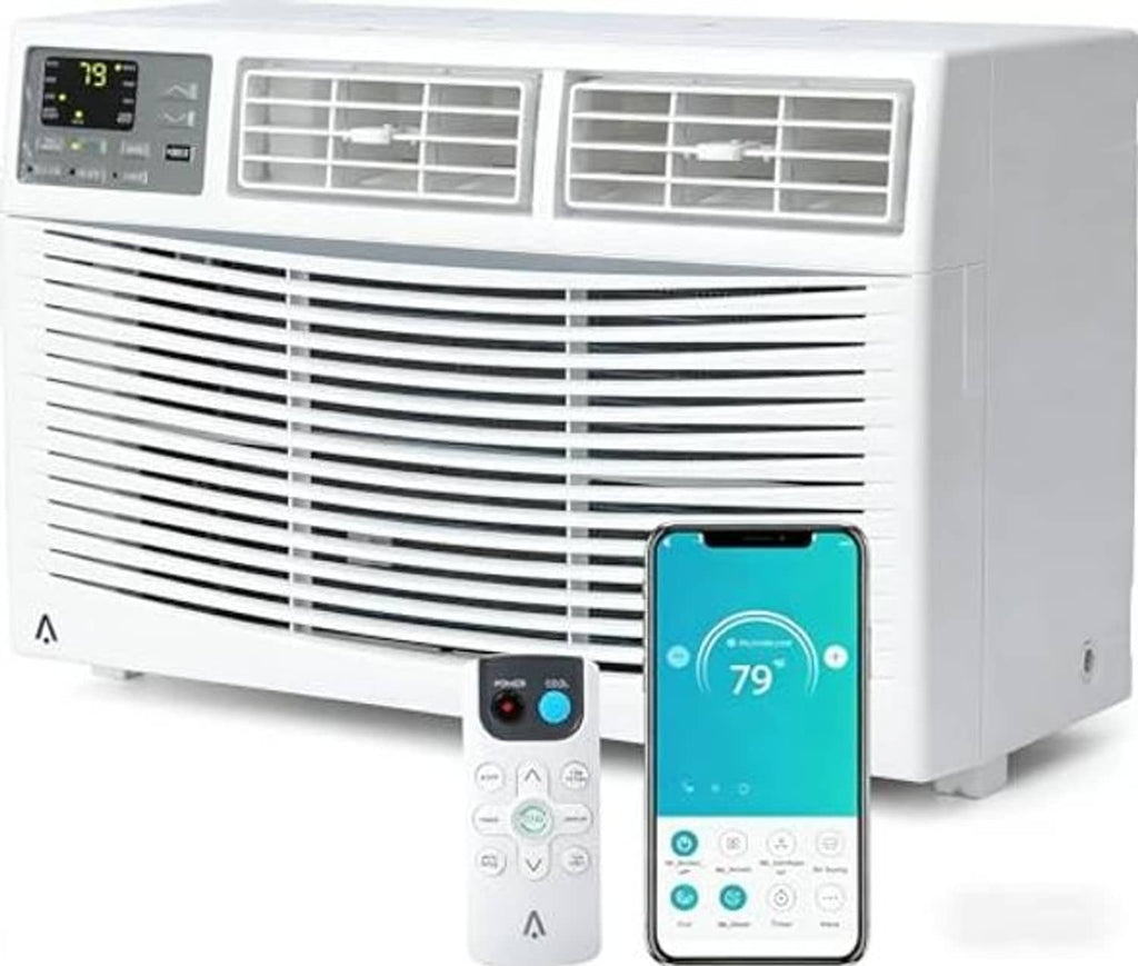 White window air conditioner with front grille, side panel, and remote control