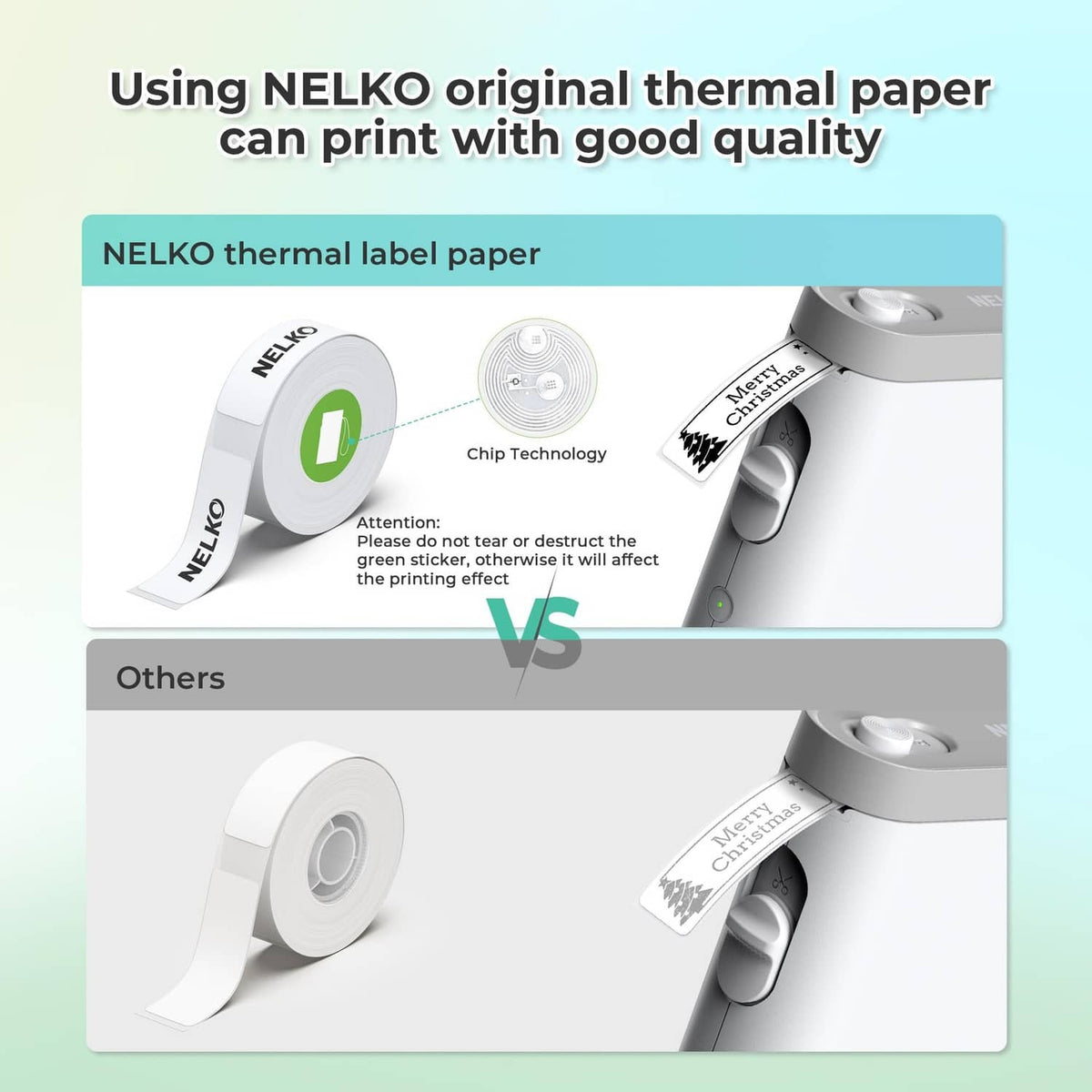 Thermal label paper comparison showing chip technology and good printing quality