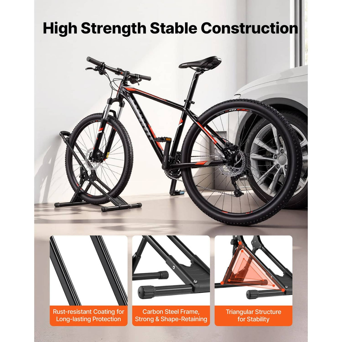 Foldable bike storage rack stand, black steel frame with stabilizing braces