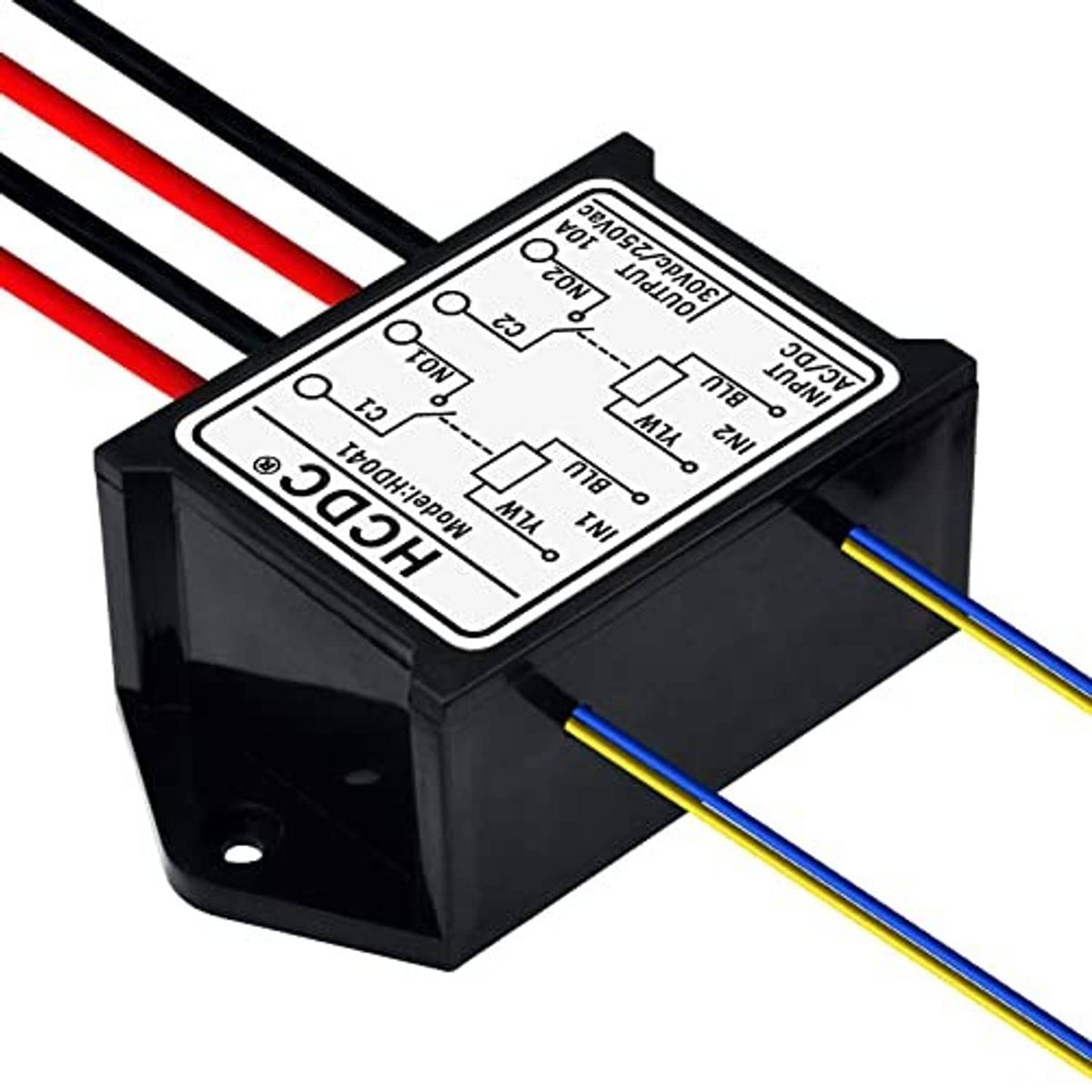 Angled relay module with top label and red/black/yellow/blue connecting wires