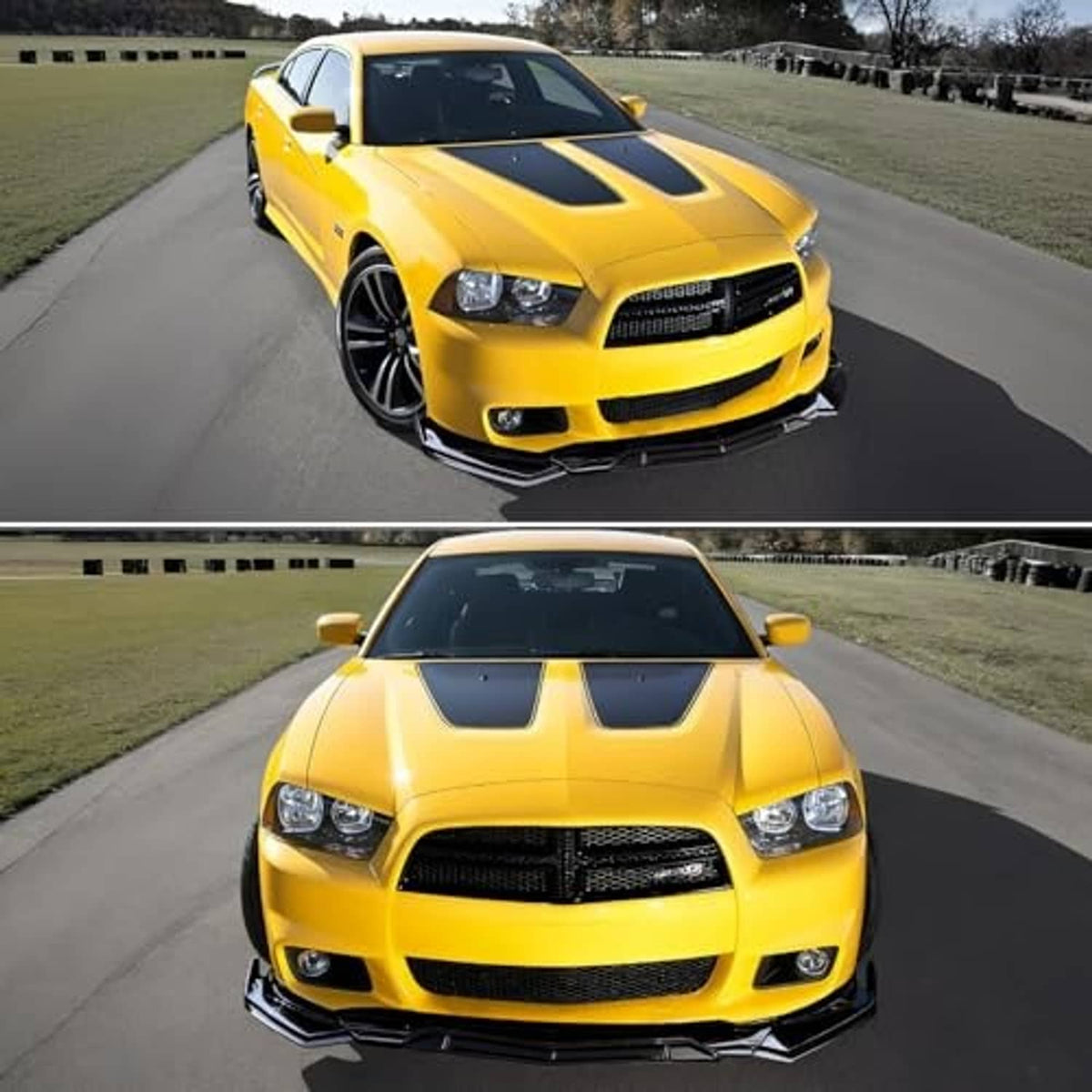 Glossy black universal front bumper lip spoiler on yellow vehicle, front view