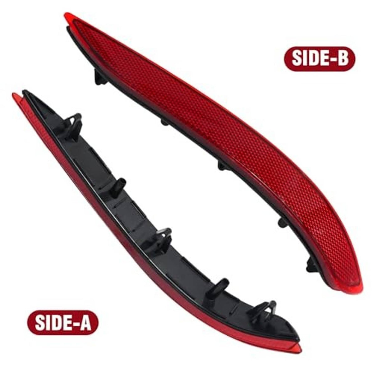 Red rear bumper reflectors (2) with black mounting clips and curved housings